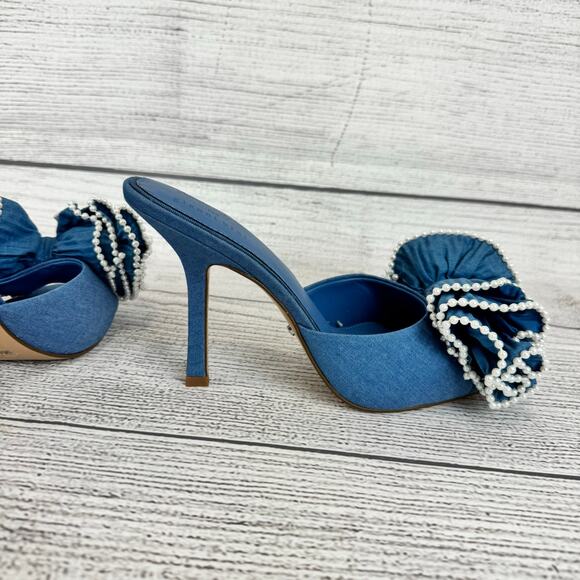 Venita Aspen For Gianni Bini Harlow Blue Ruffle Pearl Bow Heels Size 9 - Picture 2 of 10